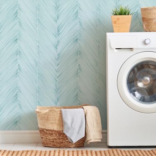 Modern Peel and Stick Wallpaper 17.3"x120" Teal Green Herringbone Striped Wall - Image 6