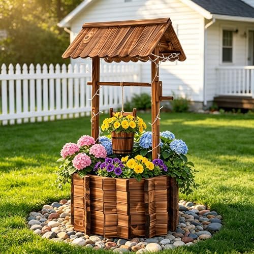 54" Outdoor Wooden Wishing Well Planter - Image 5