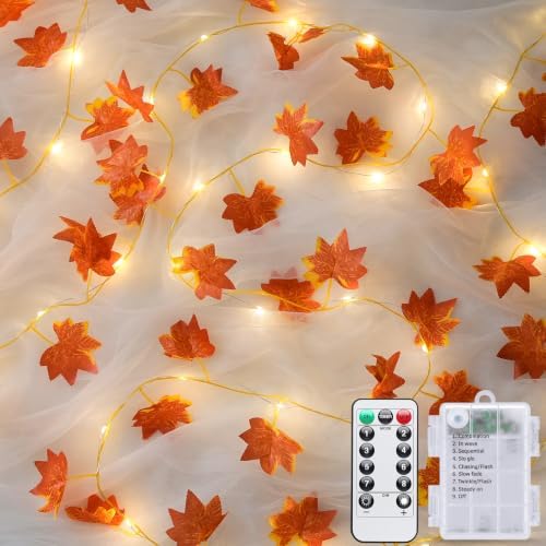 JMEXSUSS 48 LED Maple Leaf Lights, Battery Operated, 15.75 FT, Warm White by JMEXSUSS