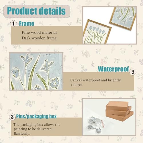 wanyun Blue Tulip Flower Wall Art Set of 2, Watercolor Floral Preppy Canvas - Image 3