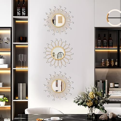 3 Pack Metal Mirrors for Wall Sunburst Wall Mirror Gold Crystal Wall Art - Image 2