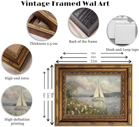 Vintage Gold Framed Coastal Landscape Wall art, Wildflower and Sailboat Oil - Image 3