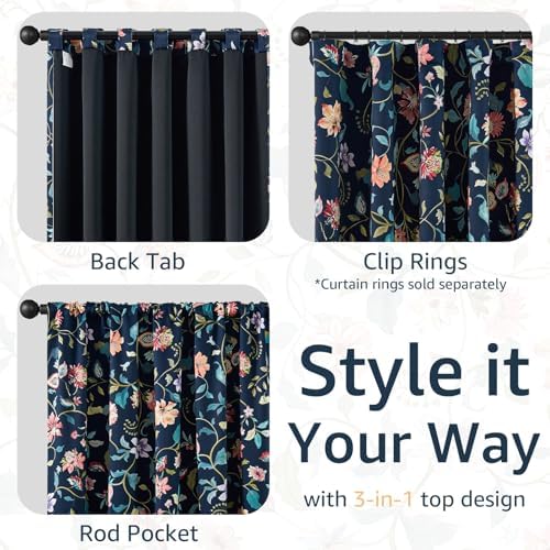 jinchan Dark Blue Floral Blackout Curtains 84 Inch Back Tab 2 Panels - Image 6