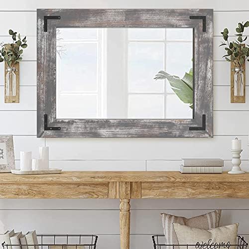 YOSHOOT Rustic Wooden Framed Wall Mirror, Natural Wood Bathroom Vanity Mirror - Image 5