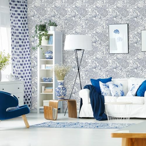 Wudnaye Navy Blue and White Floral Peel and Stick Wallpaper 16.9"×197" - Image 5