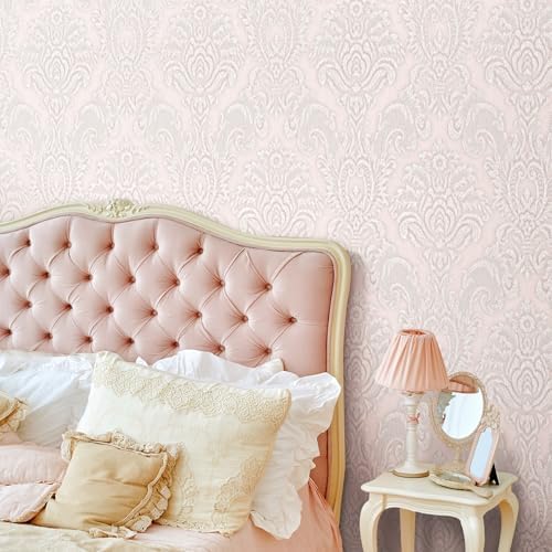 FunStick Vintage Light Pink Wallpaper Peel and Stick Textured Victorian Damask - Image 2