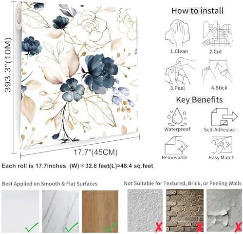 Navy Blue Floral Peel and Stick Wallpaper 17.7"x393.3" - Image 6