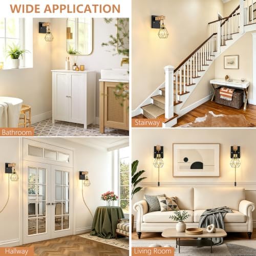 Lomoky Rustic Plug in Wall Sconces Set of 2, Vintage Wall Light Fixtures - Image 7