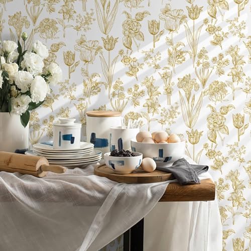 Dimoon 236"x17.3" Floral Wallpaper Peel and Stick Flowers Golden White Contact - Image 4