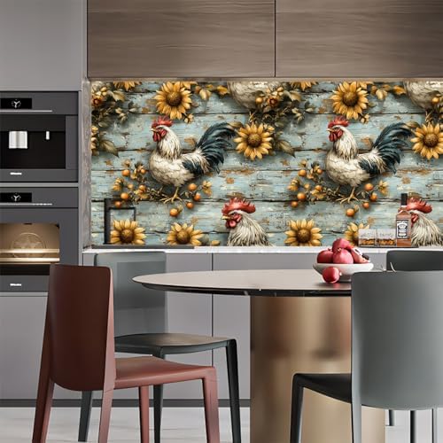 Peel and Stick Mural Sunflowers Rooster Removable Wallpaper 17.3"x197" Self - Image 5