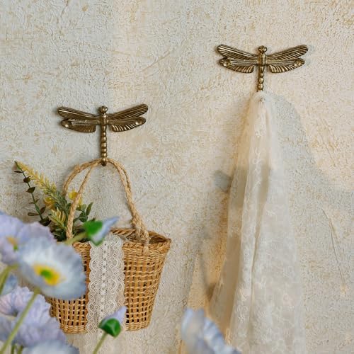 SOFFEE DESIGN 2PCS Metal Golden Dragonfly Wall Hooks, Rustic Bathroom Kitchen - Image 3
