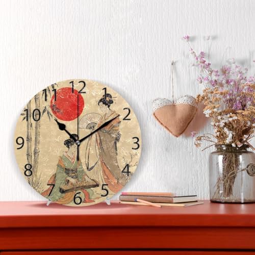 ABLINK Beautiful Japanese Geisha Girl Round Wall Clock, Silent Non Ticking Oil - Image 2