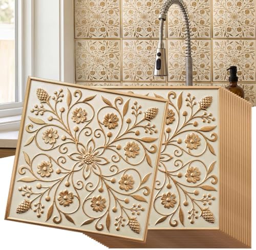 36 Pack of 8 x 8" Wallpaper Tiles Peel and Sitck in White and Gold Leaves by Unknown