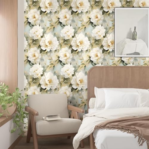 Laatse Vintage White Beige Peony Floral Botanical Wallpaper 17.5"x393" - Image 4