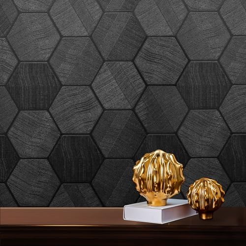 Black 3D Hexagon Peel and Stick Self Adhesive Removable Contact Wallpaper by Adwann