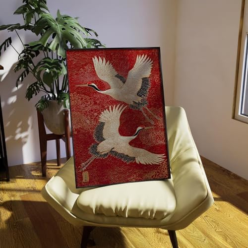 Retro Japanese Canvas Wall Art Funny Oriental Crane Posters Red And Gold Bird - Image 2