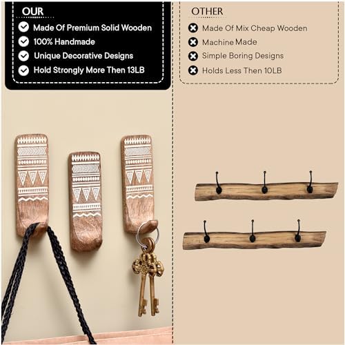 Indian Shelf 3 Boho Wood Adhesive Wall Hooks Peel Stick - Image 4