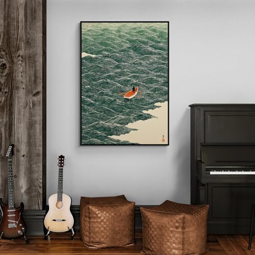 Vintage Japanese Canvas Wall Art Emerald Green Boat At Sea Posters Minimalist - Image 2