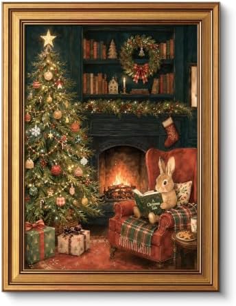 VIYYIEA Gold Framed Winter Christmas Canvas Wall Art, Cozy Christmas Bunny by VIYYIEAART