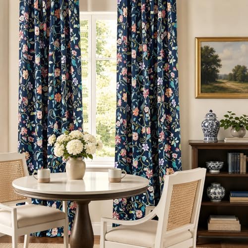 jinchan Dark Blue Floral Blackout Curtains 96 Inch Back Tab 2 Panels - Image 5
