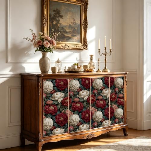 BOKEBEVE Vibrant Red Floral Peel and Stick Wallpaper Vintage 17.5 x 118In - Image 6