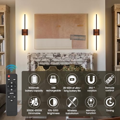 Battery Operated Wall Sconces Set of Two, 11000mAh LED Wireless Faux Walnut - Image 2