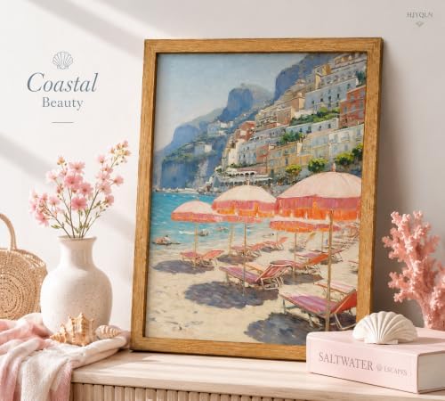 Framed Pink Umbrella Coastal Canvas Wall Art, Beach Scene Picture Wall Decor - Image 3