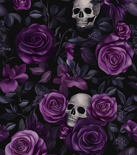 Laatse Gothic Dark Purple Skull Floral Wallpaper Peel and Stick 17.5"x393" by Laatse