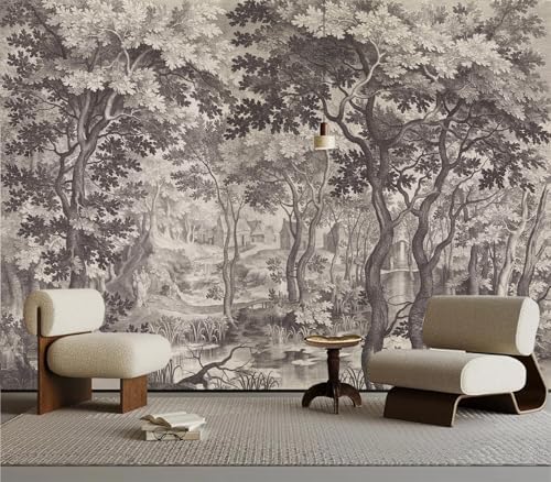 Vintage Monochrome Forest River Landscape Peel and Stick Wallpaper - Image 2