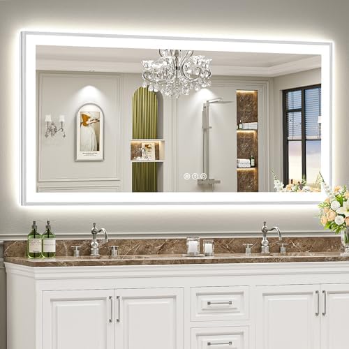72x36 Inch Brushed Nickel LED Bathroom Mirror, Backlit & Front Lit by Awandee
