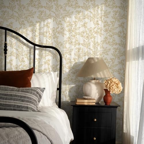 Ismoon Vintage Floral Peel Stick Wallpaper Beige and Gold 17.3x393in - Image 4