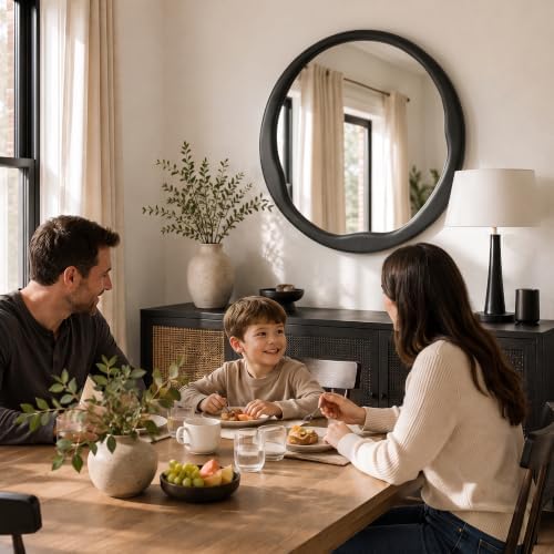 Matte Black 30 Inch Round Wood Wall Mirror, Asymmetrical Inner Edge - Image 7