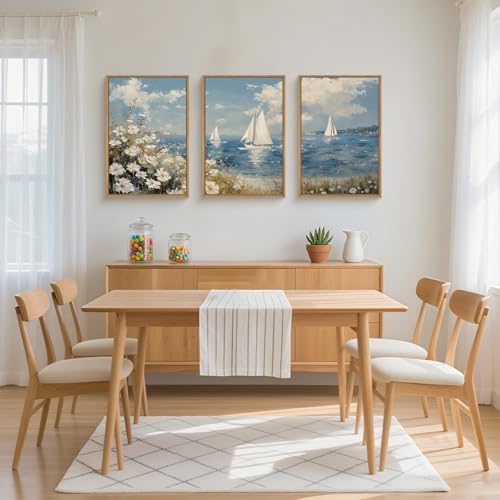 FWIEXA Beach Coastal Wildflower Canvas Wall Art Framed, Ocean Sailboats - Image 3
