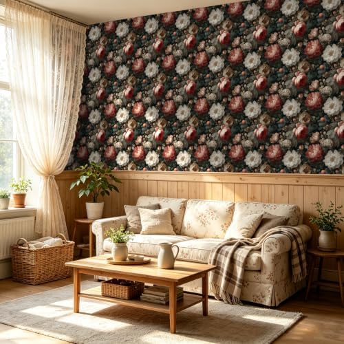 BOKEBEVE Dark Floral Wallpaper Peel and Stick Retro Black 17.5 x 118In - Image 2