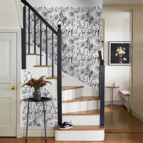 Black and White Peony Floral Horse Modern Peel and Stick Wallpaper Wall Decor - Image 6