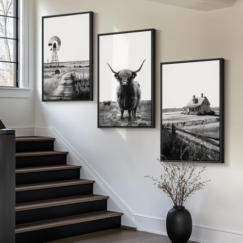 Framed Black and White Western Highland Cow Wall Art, 3 Pieces 20x30 In - Image 5
