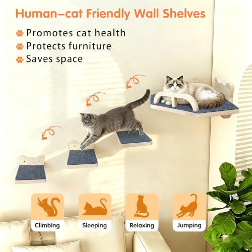 with 3 Climbing Steps Natural Wood Corner Cat Wall Shelves - Image 3