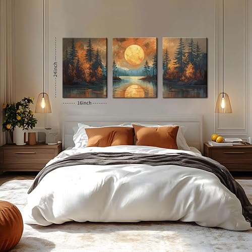 Framed Gold Mountain Forest Sunset Landscape Wall Art Set of 3, Abstract Boho - Image 5