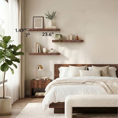 Walnut Floating Shelves for Bathroom, 24 Inch Wooden Shelf Set of 3 - Image 2