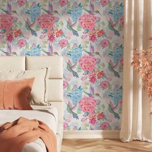 Vintage Pink Hydrangea Floral Hummingbird Birds Flower Peel and Stick Wallpaper - Image 2