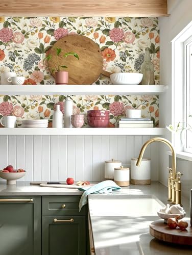 Vintage Floral Peel and Stick Wallpaper Floral and Leaf Contact Paper Beige - Image 7