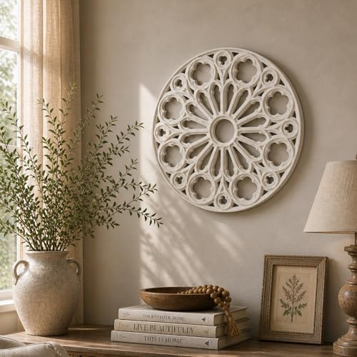XIAOAIKA Round Hand-Carved Wood Wall Art, Floral Geometric Design, 16 Inch by XIAOAIKA