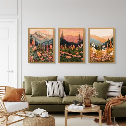 IAFWZX Wood Framed Boho Mountain Wildflower Wall Art Set of 3, 12x16 in - Image 3