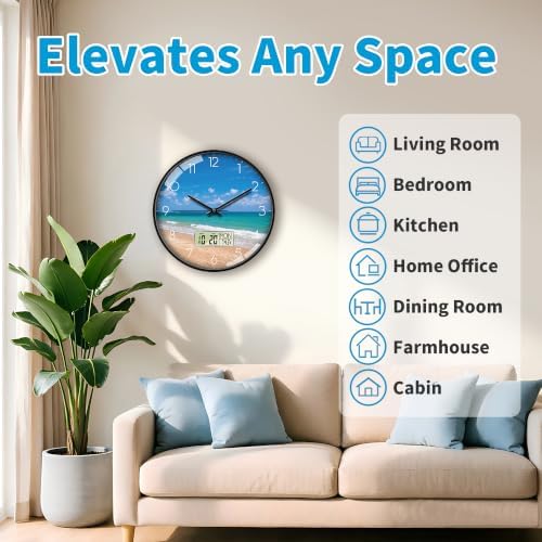 Coastal Beach Wall Clock, 14 Inch Analog and Digital Combo - Image 5