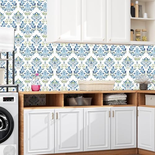BOKEBEVE Boho Floral Peel and Stick Wallpaper Blue White 17.5 x 118In - Image 3