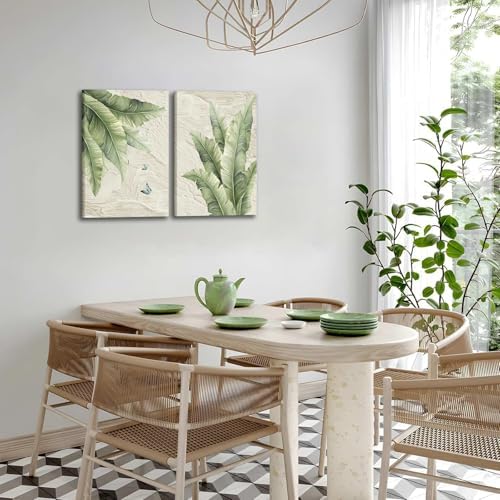 KBCXOY Tropical palm tree Wall Art Set of 2 Green Leaf Canvas Prints Minimalist - Image 4