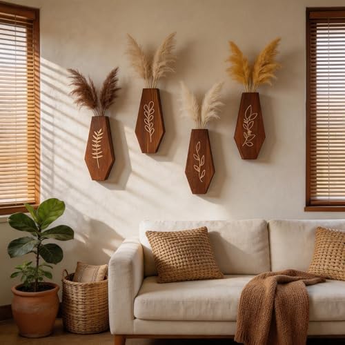 Wood Wall Vase 4 Pack, Modern Farmhouse & Boho Wall Decor Wooden Hanging - Image 3