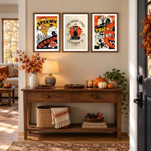 3Pcs Framed Vintage Black Cat Trick or Treat Halloween Wall Art 12x16inch - Image 2
