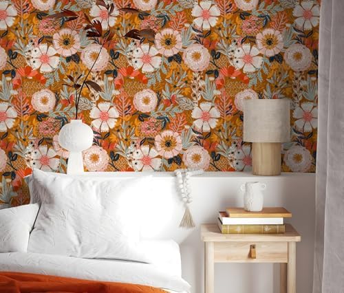 HAOKHOME Boho Wallpaper Peel and Stick Floral Retro Orange Pink Colorful - Image 5