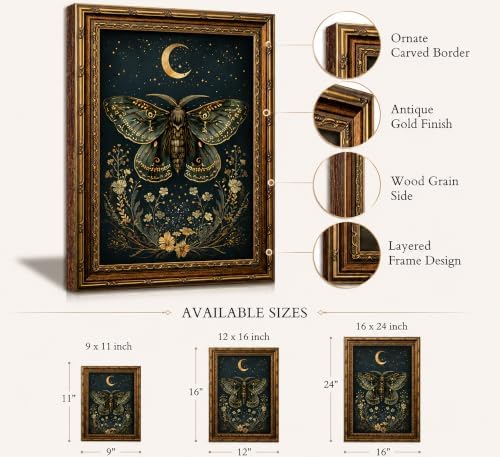Vintage Gold Framed Butterfly Canvas Wall Art Dark Academia Gothic Moths and - Image 2